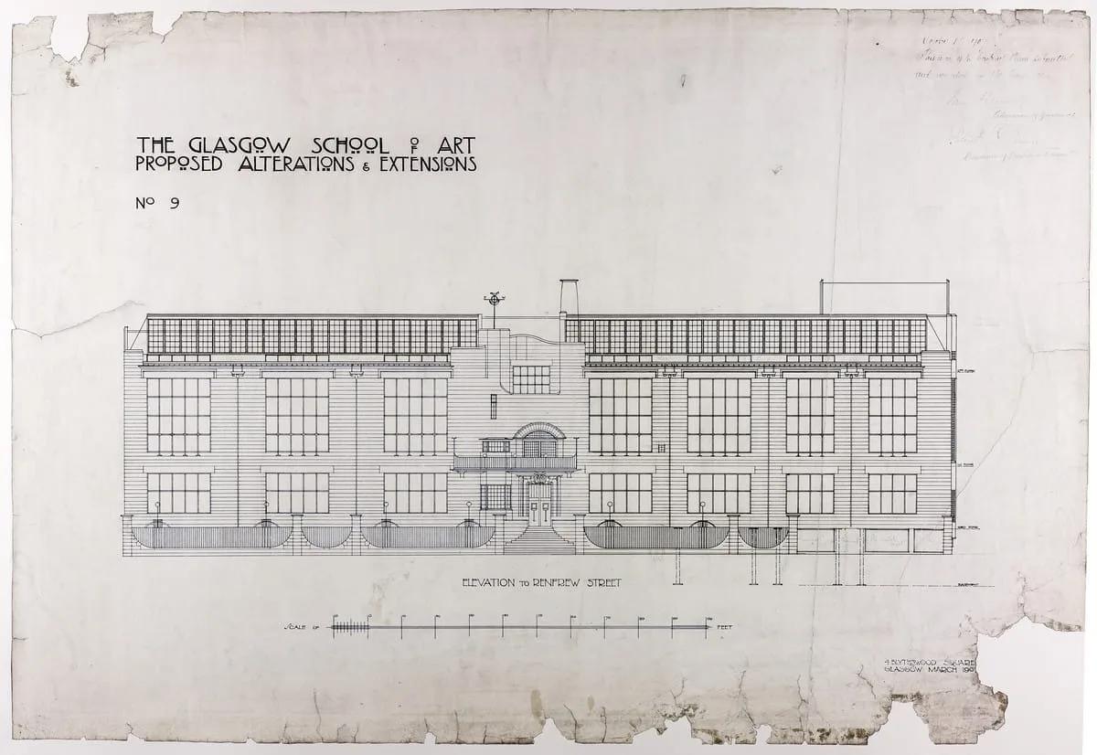 Desenho da Escola de Arte de Glasgow Desenho técnico antigo da elevação da Escola de Arte de Glasgow, com o título Proposed alterations and extensions