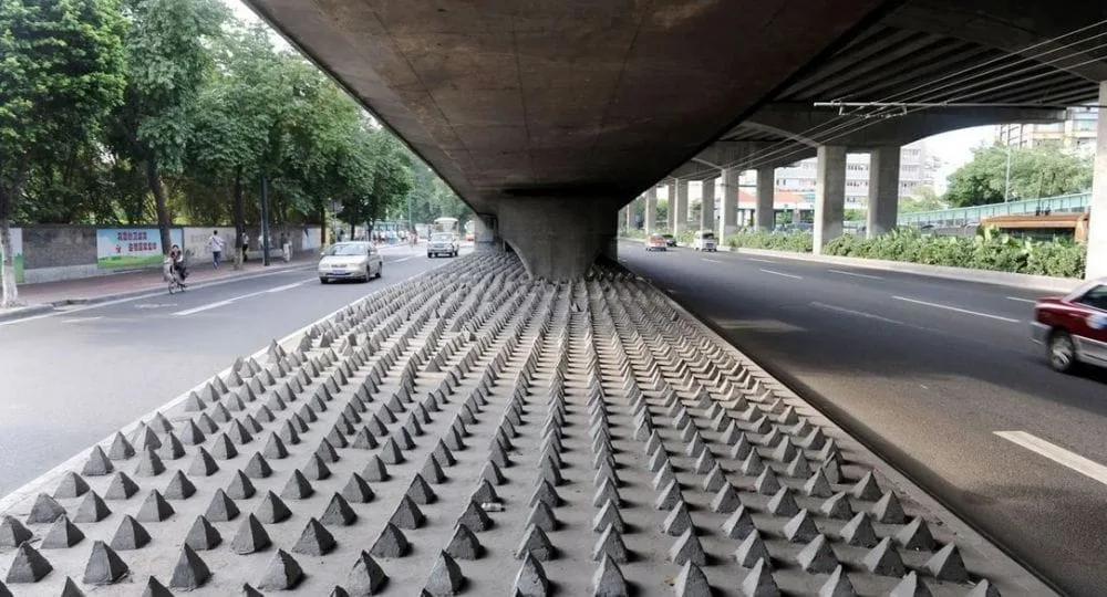 Fileiras de pequenas pirâmides de concreto cobrindo o chão sob uma ponte, com uma pessoa caminhando entre elas