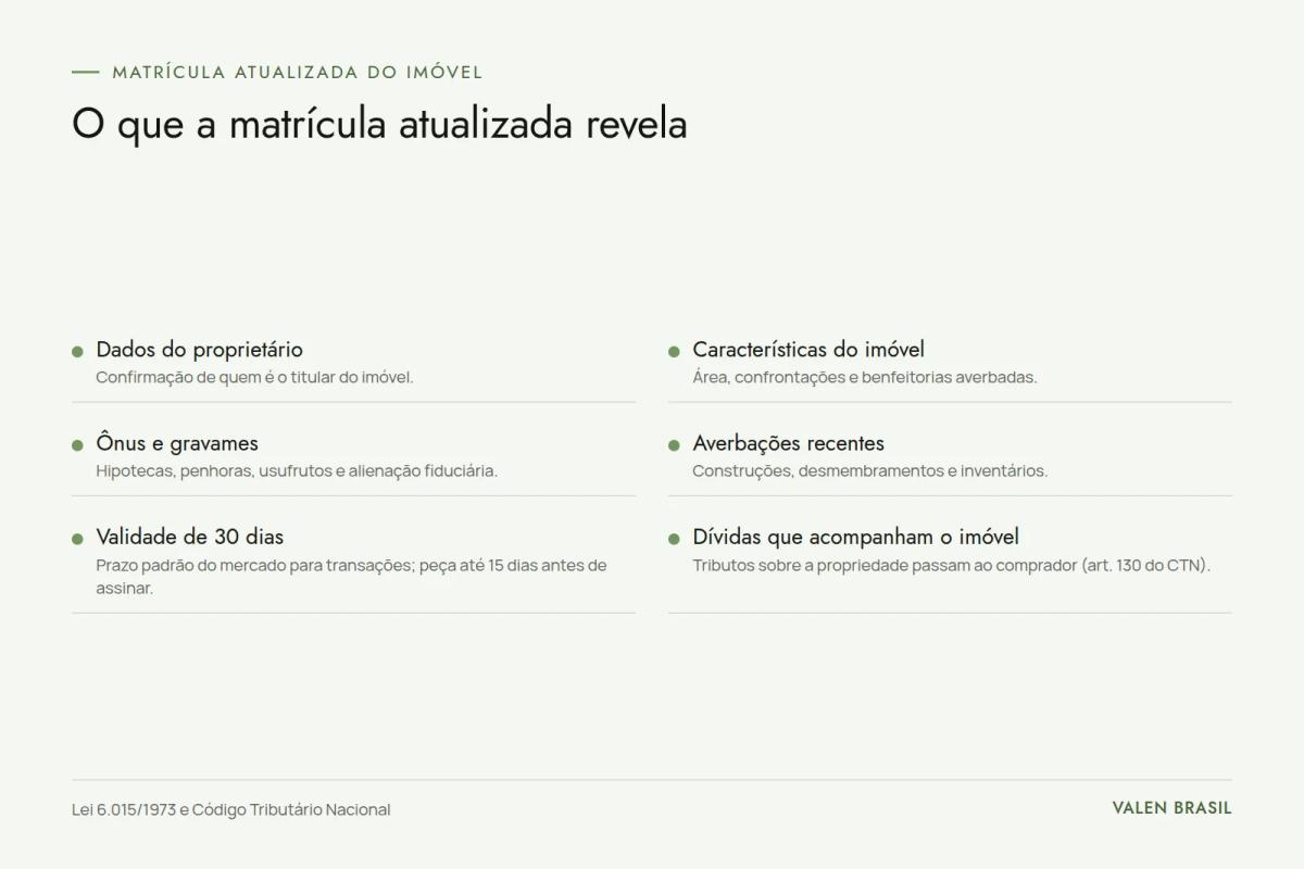 Quadro com o que consta na matrícula atualizada: dados do proprietário, características do imóvel, ônus e gravames, averbações recentes, validade de 30 dias e dívidas que acompanham o imóvel
