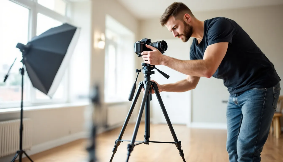 Um fotógrafo está posicionando uma câmera em um tripé dentro de uma sala bem iluminada, preparando-se para capturar imagens de alta qualidade de um imóvel. A cena destaca a importância da fotografia imobiliária na apresentação de propriedades para o mercado.