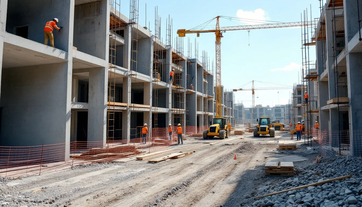<div>Um canteiro de obras de um empreendimento residencial em desenvolvimento, com máquinas pesadas e trabalhadores, onde estão sendo realizadas atividades de construção e avaliação imobiliária. O cenário inclui materiais de construção e estruturas em andamento, refletindo o processo de incorporação imobiliária e a viabilidade técnica econômica do projeto.</div>