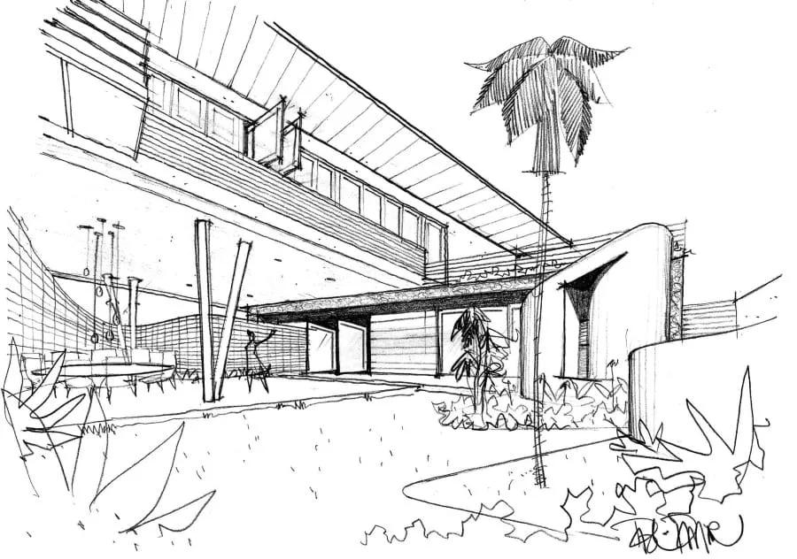 Croqui a lápis de casa com varanda, jardim e coqueiro, em perspectiva