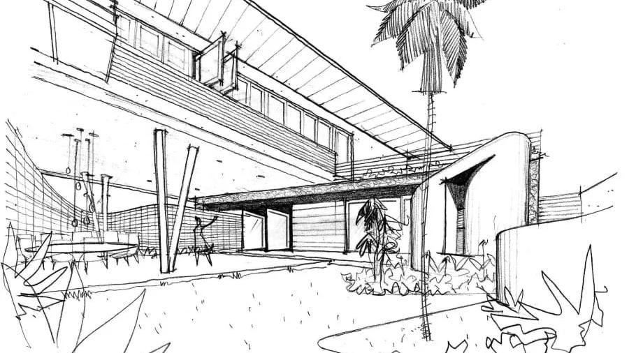 Croqui a lápis de casa com varanda, jardim e coqueiro, em perspectiva