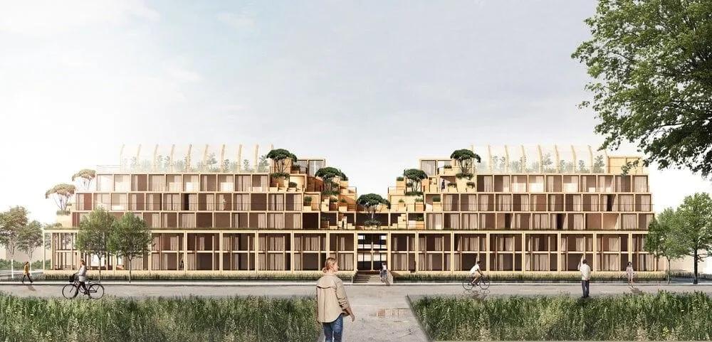 Módulos pré-fabricados sendo posicionados para formar uma edificação