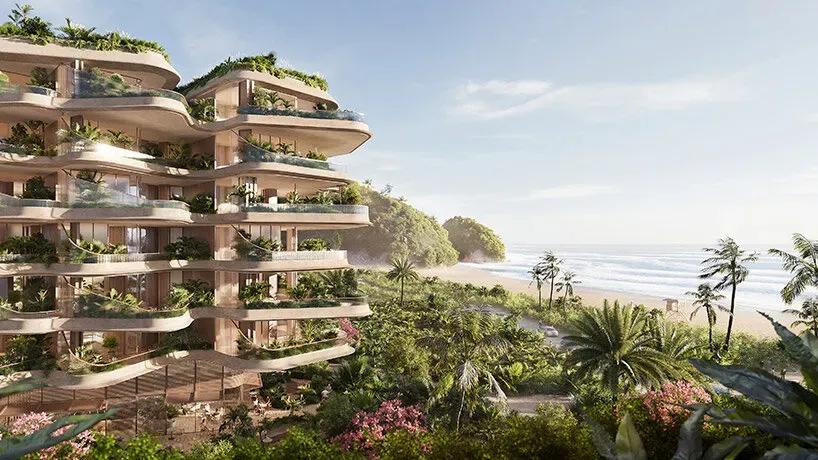 Ilustração de torre residencial com terraços curvos e jardins em cada andar, vegetação tropical e a Praia Brava ao fundo