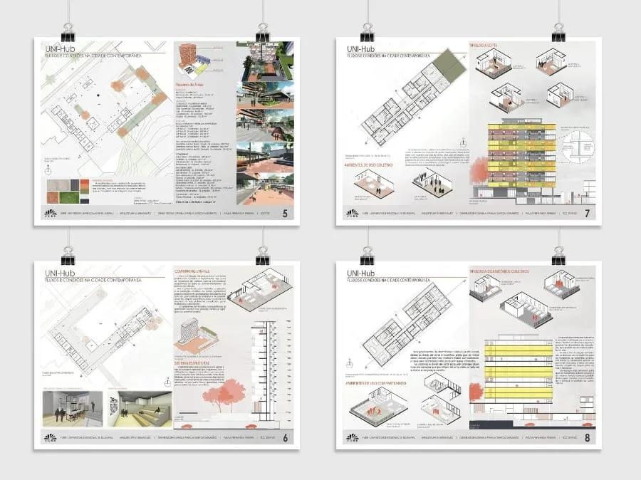 Pranchas de concurso de arquitetura Quatro pranchas de concurso de arquitetura penduradas lado a lado, com plantas, perspectivas e diagramas coloridos