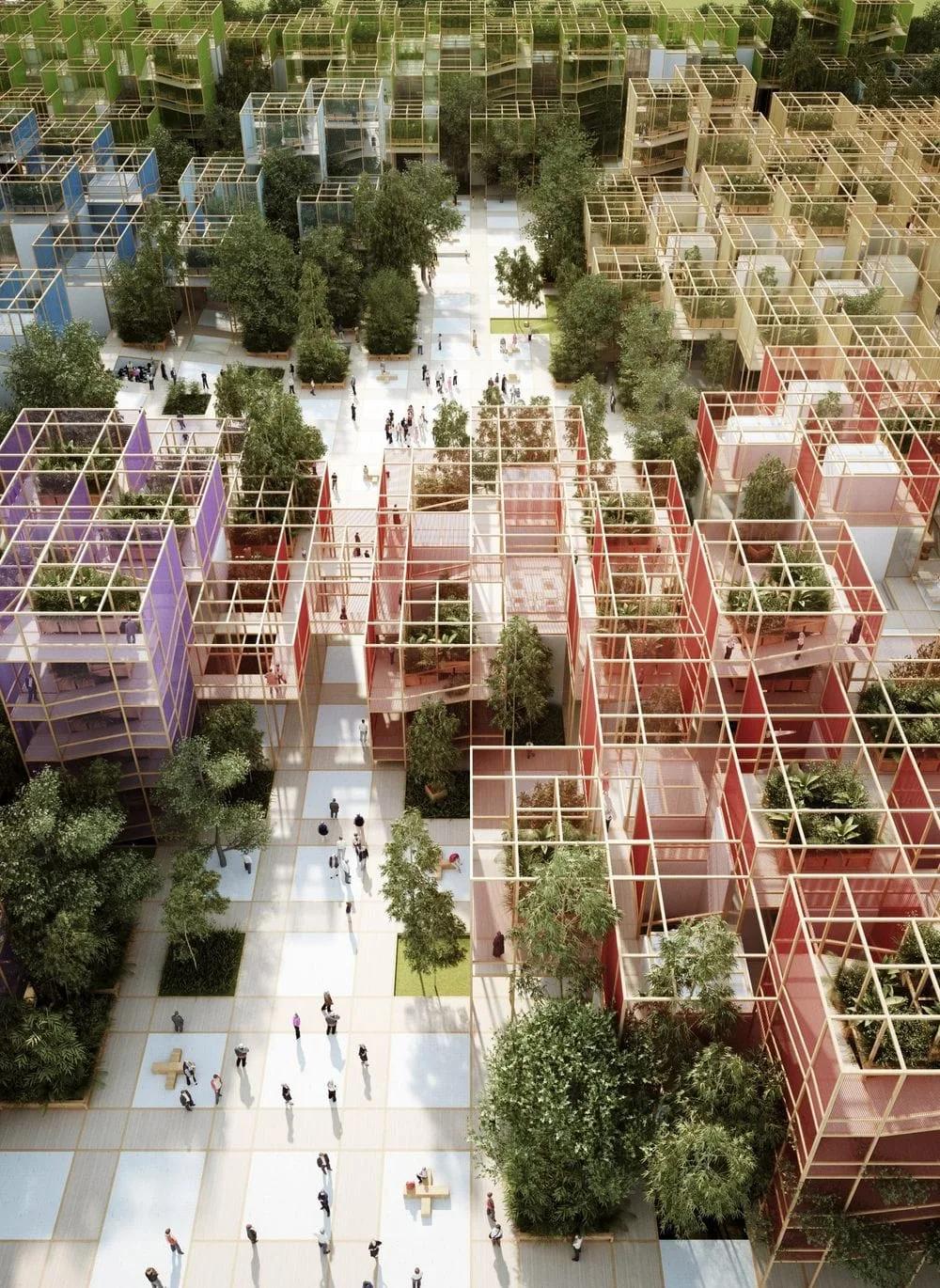 Edificação modular concluída, com módulos combinados em volumes diferentes