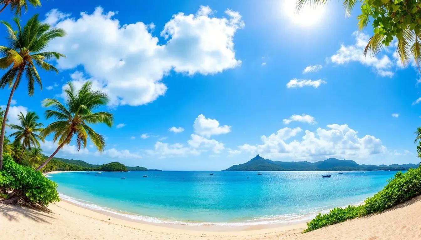 Ilustração de praia tropical com coqueiros, mar azul-turquesa e morros ao fundo