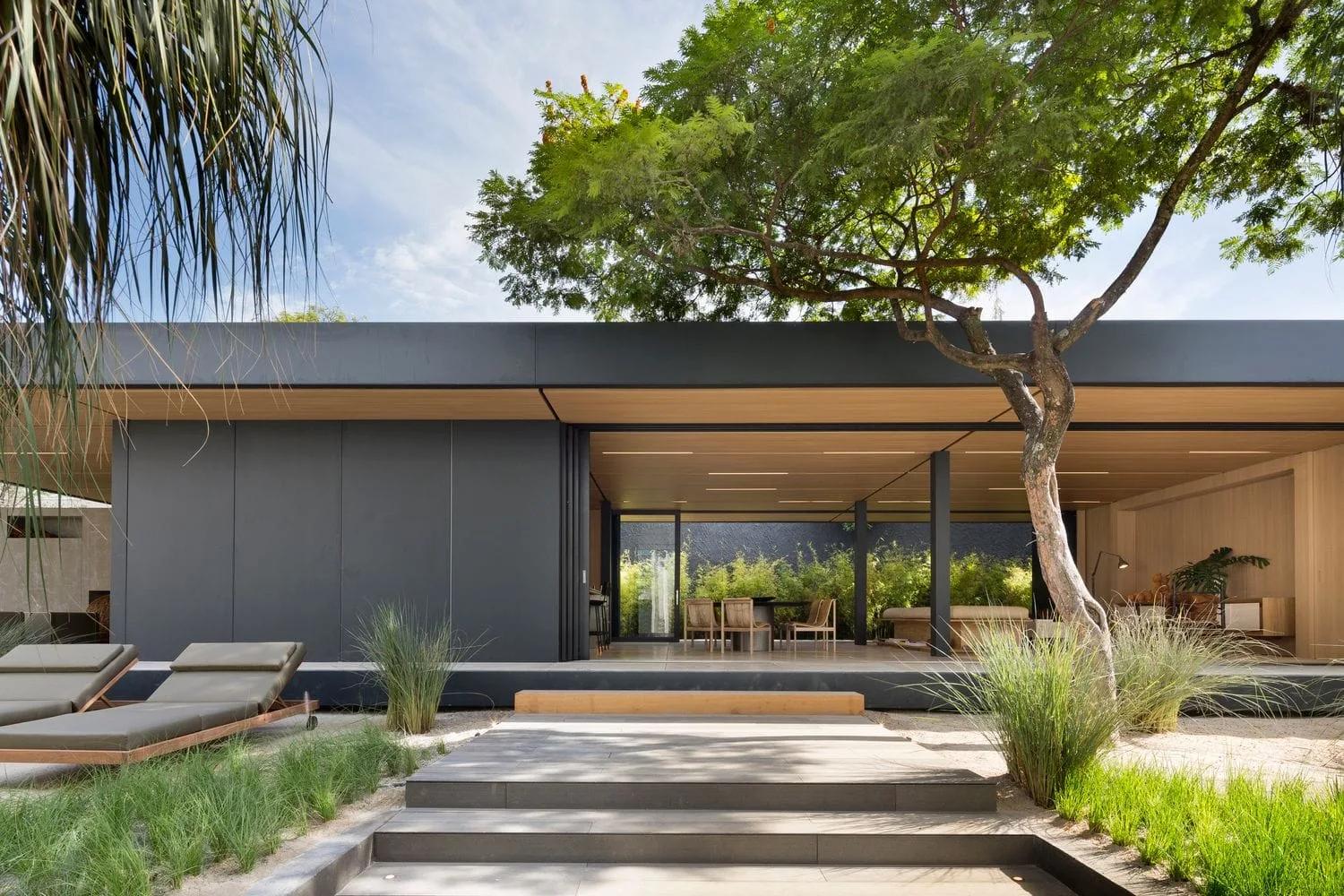Casa SysHaus de fachada escura e cobertura plana, com a sala aberta para o jardim de capim e uma árvore em primeiro plano