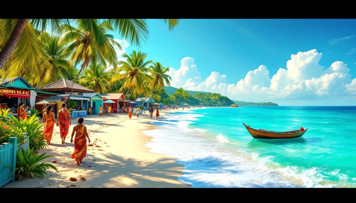 Ilustração de praia com barco de pesca Ilustração de praia tropical com pessoas em roupas coloridas, quiosques, coqueiros e um barco de madeira na areia