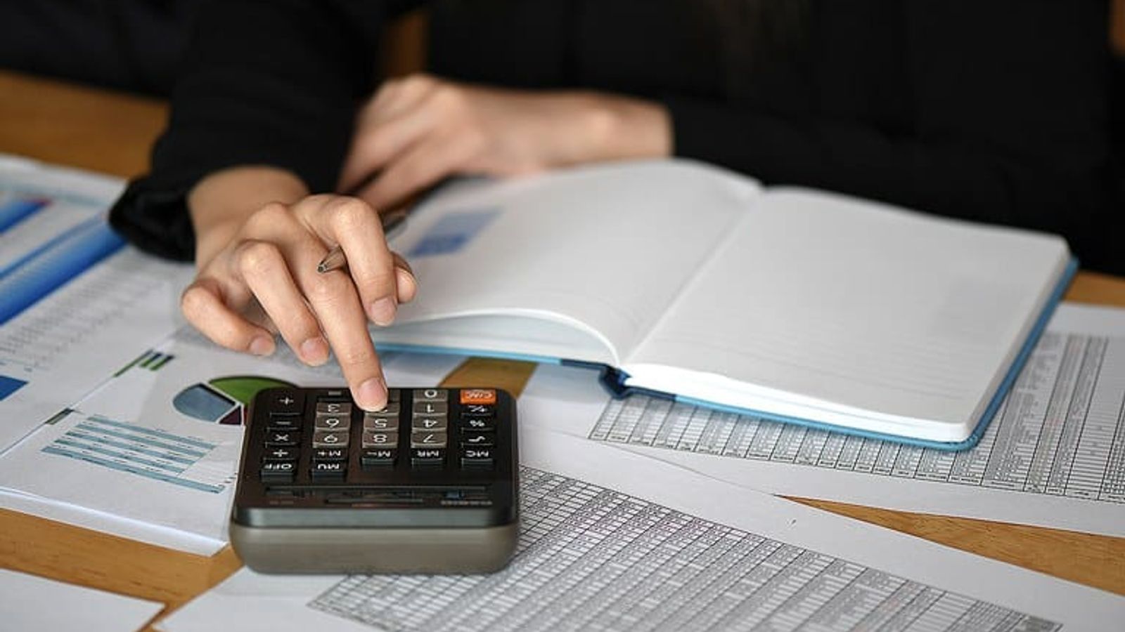 Pessoa calculando dados de planilha de gastos.