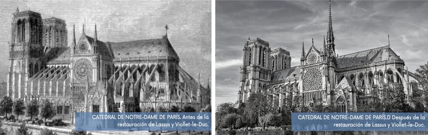Gravuras da Catedral de Notre-Dame de Paris antes e depois da restauração de Lassus e Viollet-le-Duc