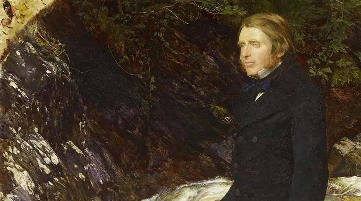 Retrato de John Ruskin em paisagem rochosa com vegetação