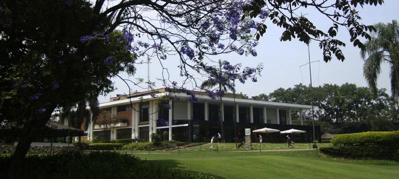 Sede do São Paulo Golf Club, prédio baixo e envidraçado cercado por gramado e árvores com flores roxas
