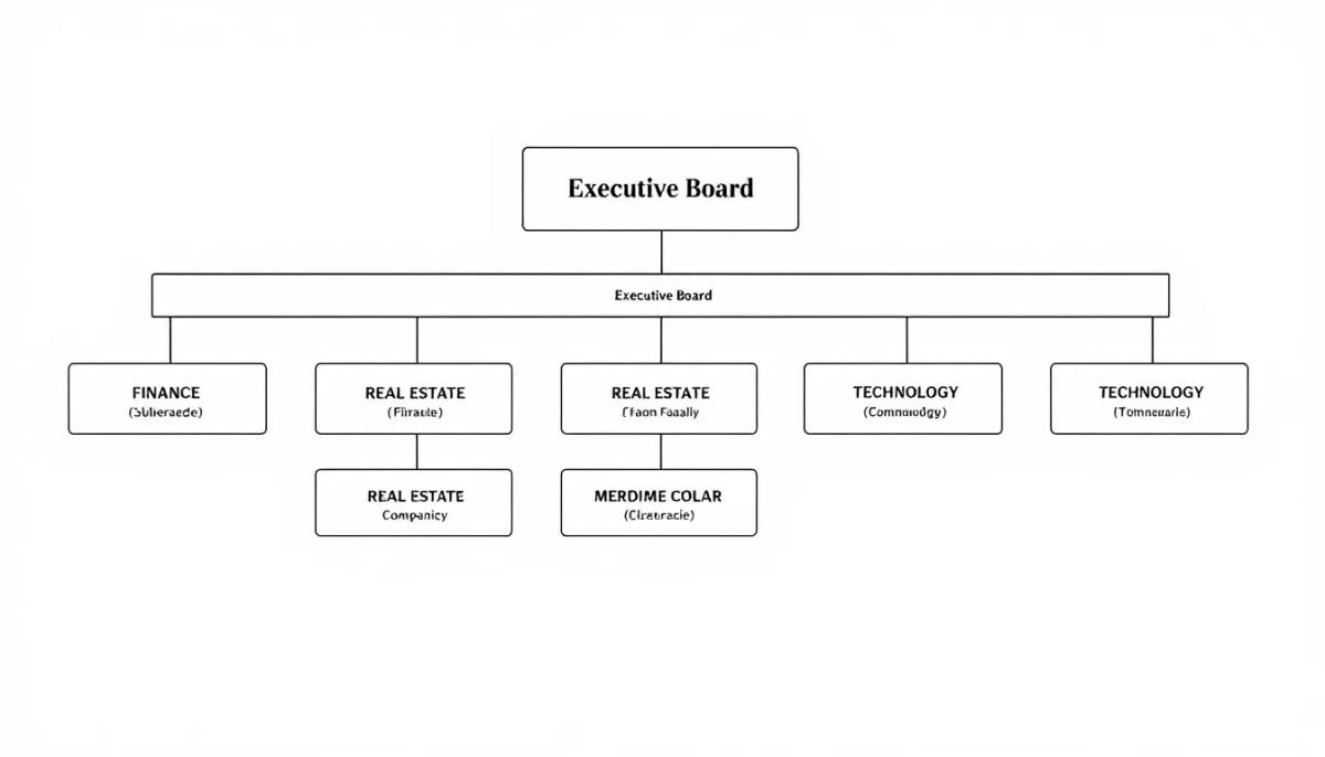 Uma imagem ilustrativa da estrutura organizacional de uma empresa holding, destacando as diferentes camadas de controle acionário e participação em diversas atividades empresariais. A imagem pode mostrar a diferença entre uma holding pura e uma holding mista, evidenciando os benefícios fiscais e o planejamento sucessório para pessoas físicas e instituições financeiras.