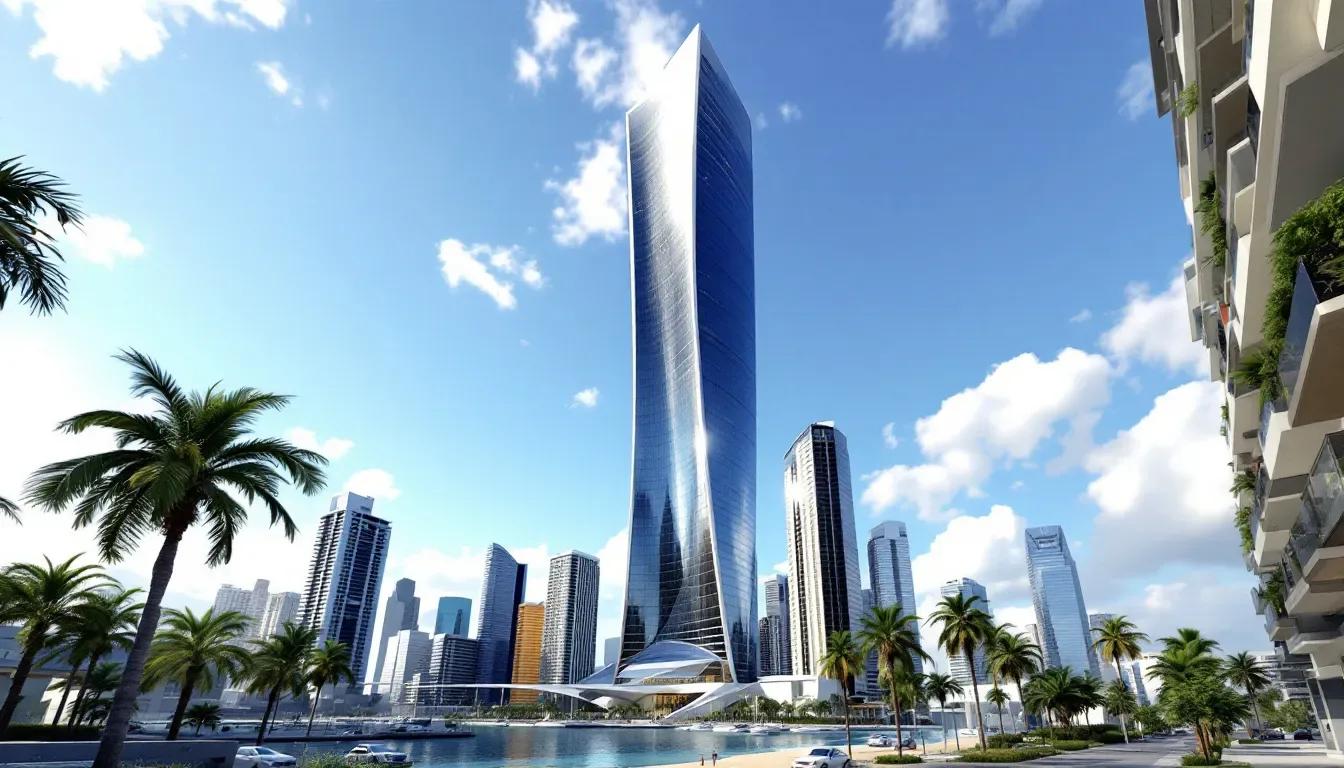 Ilustração de supertall à beira-mar Ilustração de torre de vidro muito alta e afunilada entre prédios menores e palmeiras, à beira de uma orla