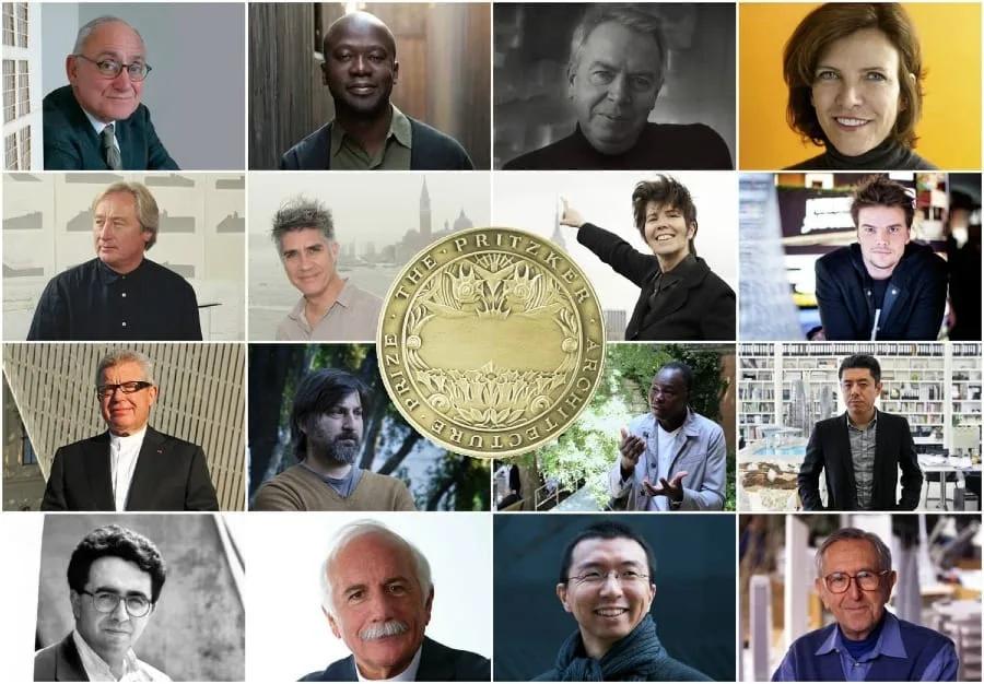 Laureados do Prêmio Pritzker Mosaico de retratos de arquitetos laureados em torno da medalha de bronze do Prêmio Pritzker