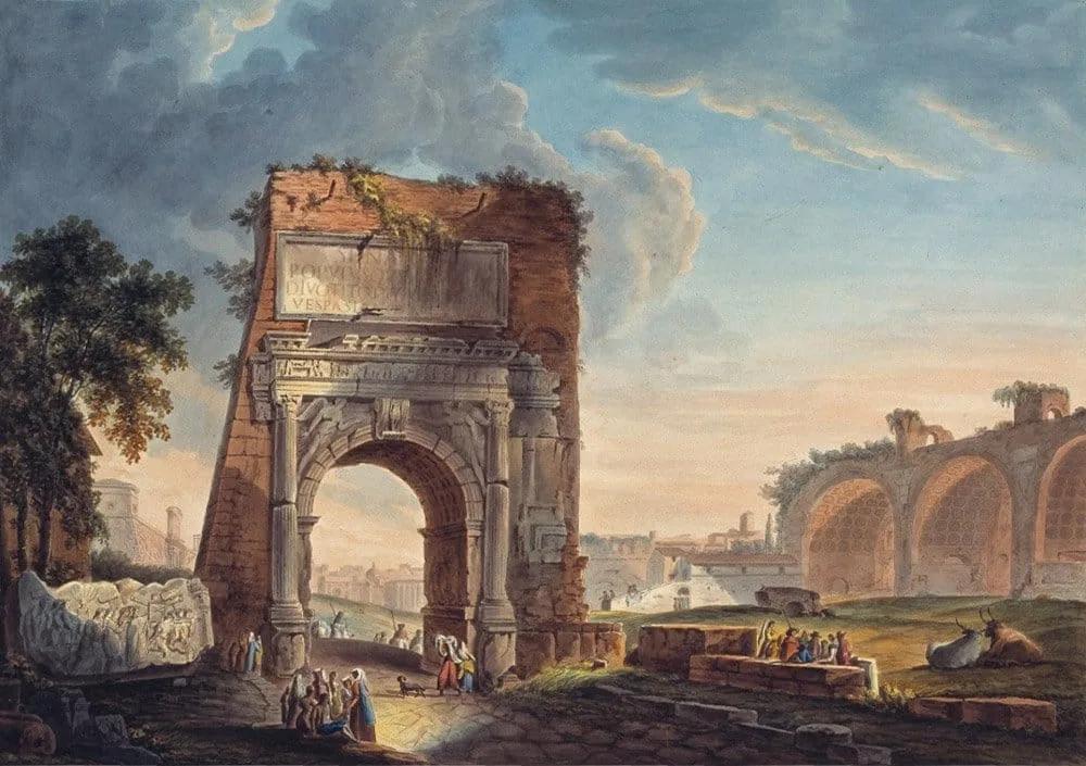 Pintura do Arco de Tito em ruína, com vegetação sobre o ático e construções ao redor, antes da restauração