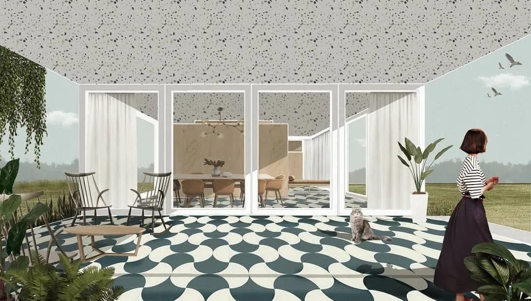 Colagem de varanda com ladrilho hidráulico Colagem de varanda com piso de ladrilho hidráulico em padrão verde e branco, cadeiras de balanço, mulher de saia preta e gato, diante de sala com cortinas brancas