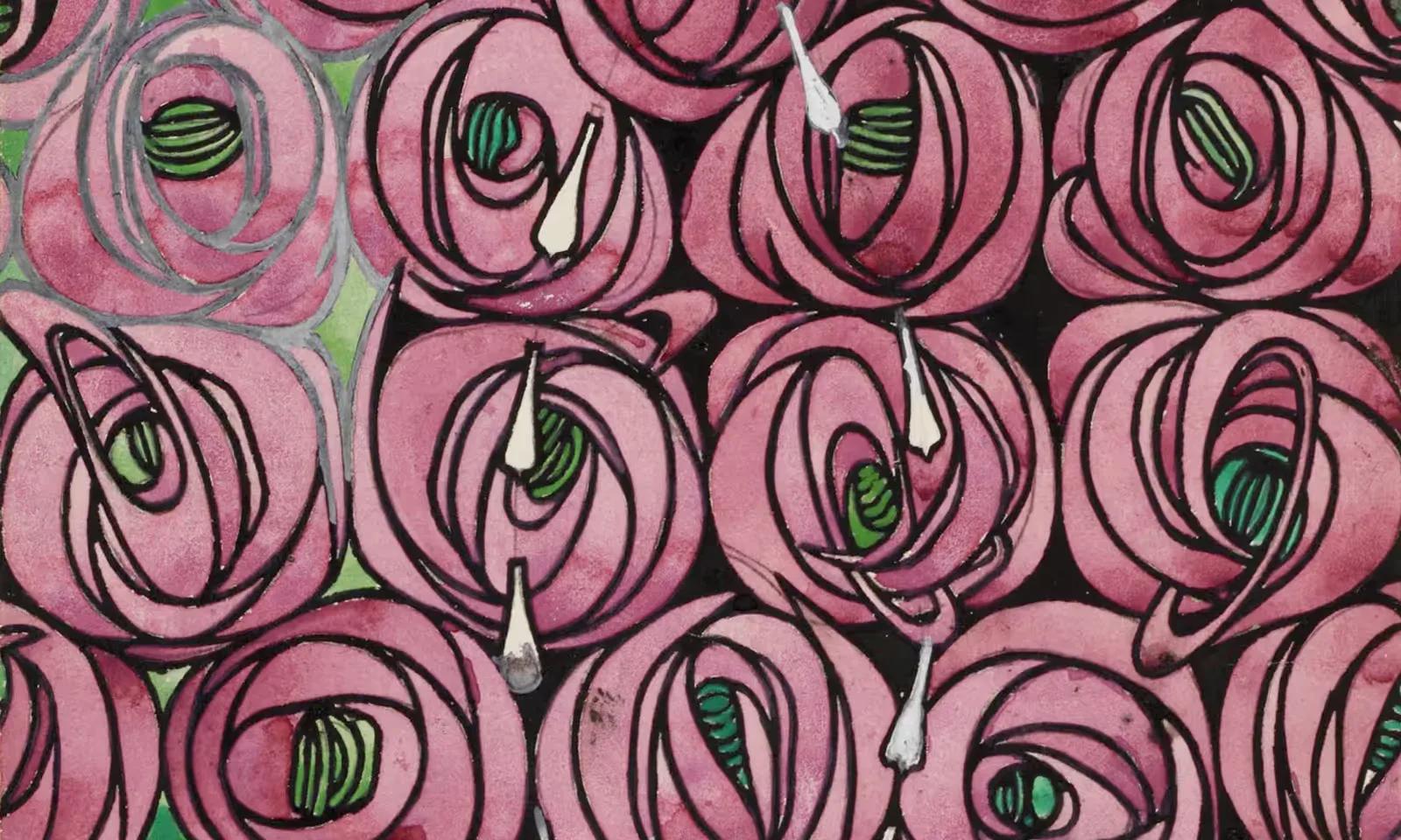 Rosas de Mackintosh Padrão de rosas estilizadas cor-de-rosa com folhas verdes, no estilo das estampas de Mackintosh
