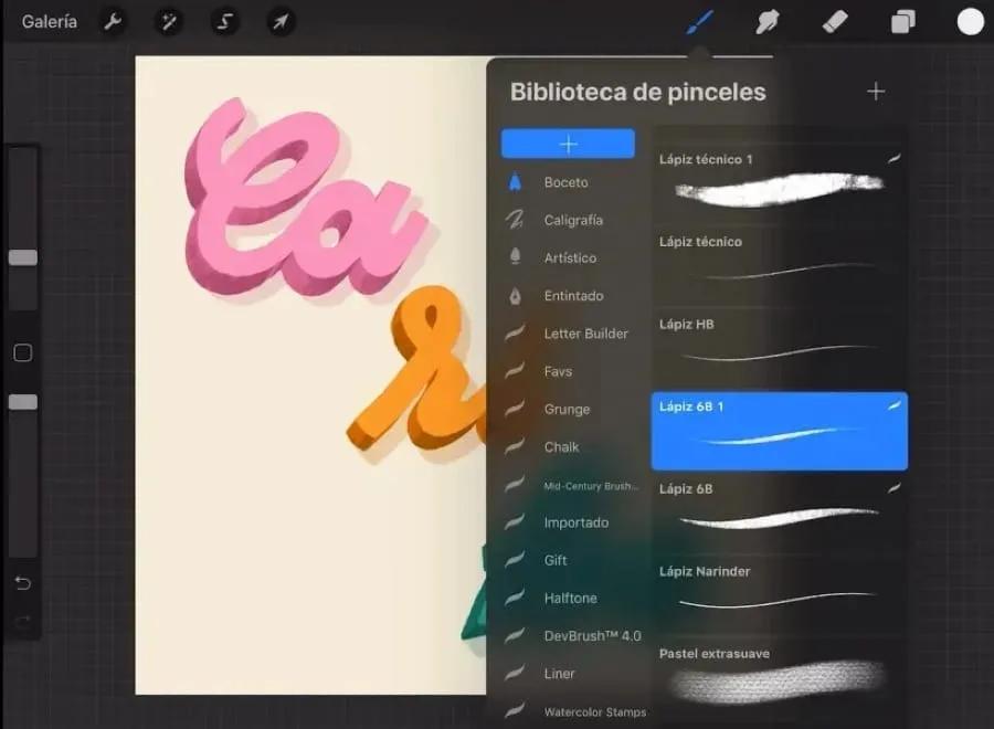 Tela do Procreate com a biblioteca de pincéis aberta, mostrando categorias à esquerda e variações de lápis à direita