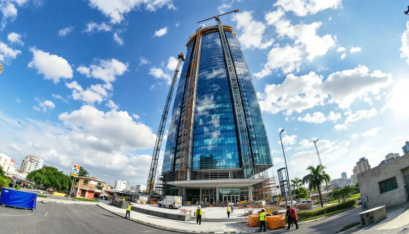 Ilustração de arranha-céu em obra Ilustração de torre envidraçada em construção com duas gruas, operários e veículos na rua em frente