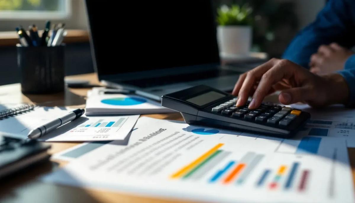 Uma calculadora e documentos financeiros estão dispostos sobre uma mesa de escritório, exibindo planilhas de custos que podem ajudar no planejamento financeiro e patrimonial, especialmente na criação de uma holding familiar. Os papéis refletem a organização e gestão de bens, essenciais para a proteção patrimonial e o planejamento sucessório das famílias.