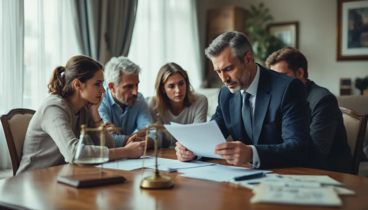 Uma família está reunida com um advogado, discutindo documentos relacionados ao inventário e à avaliação de imóveis. Eles analisam aspectos como o valor de mercado e o estado de conservação dos bens, buscando garantir a segurança e a transparência no processo de partilha da herança.