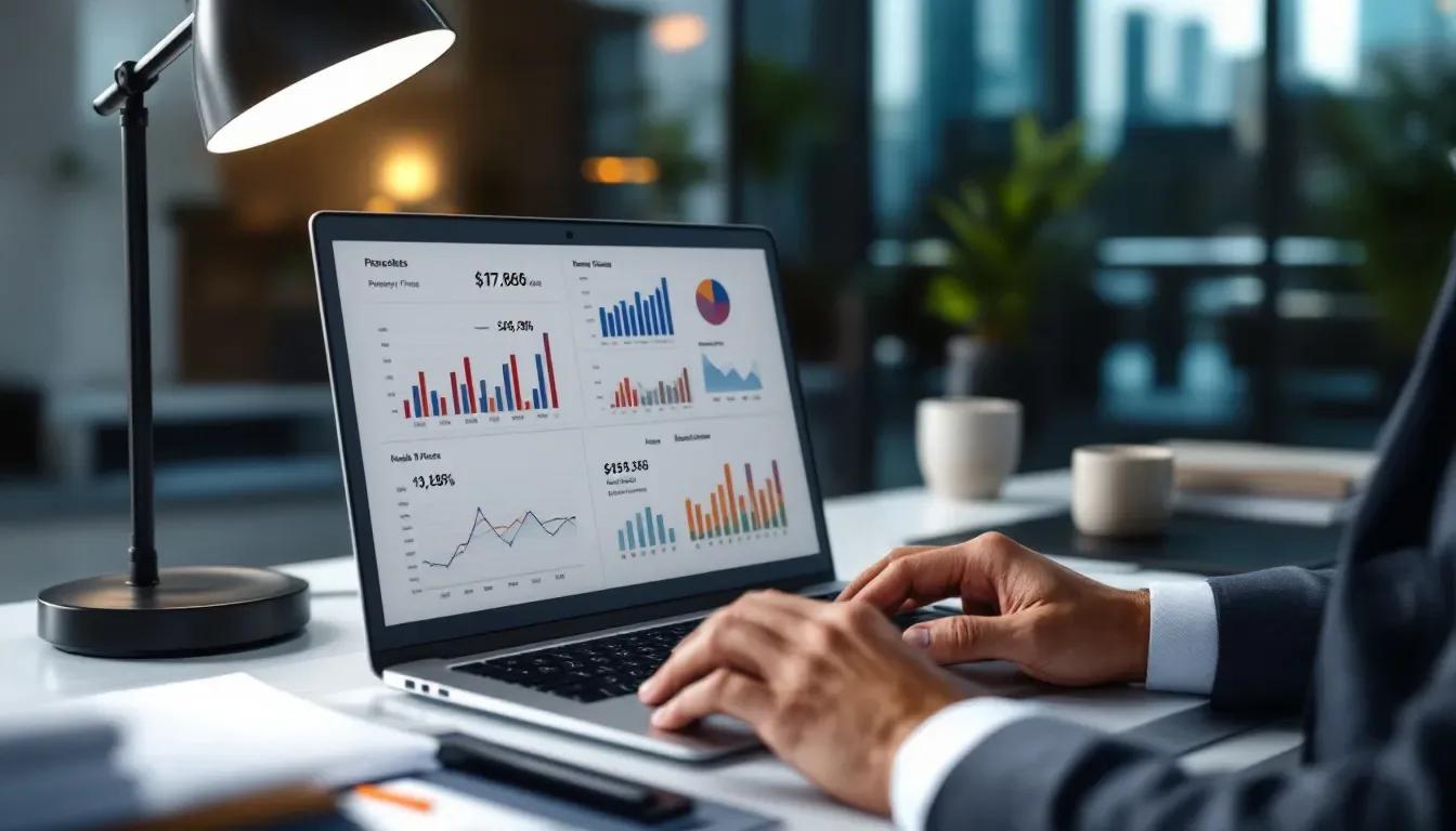 Pessoa digitando em notebook com gráficos e painéis de dados na tela