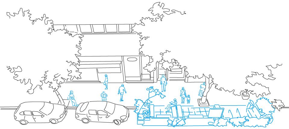 Desenho de rua com dois carros estacionados e, na vaga seguinte, um parklet em azul com bancos, plantas e pessoas sentadas