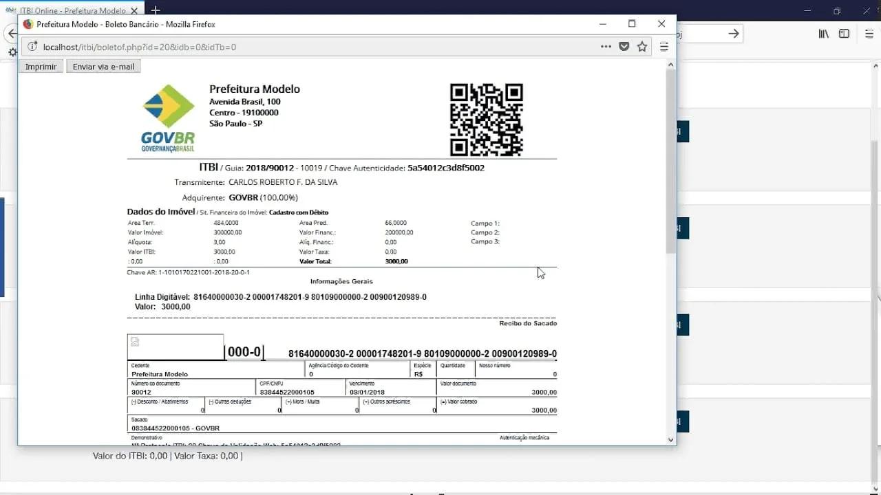 Exemplo de guia de ITBI emitida pelo sistema de uma prefeitura, com dados do imóvel, do transmitente, do adquirente, alíquota e código de barras