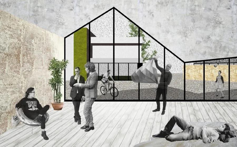 Colagem de casa de fachada em vidro com telhado de duas águas, pessoas recortadas em preto e branco no deque e parede de pedra ao lado