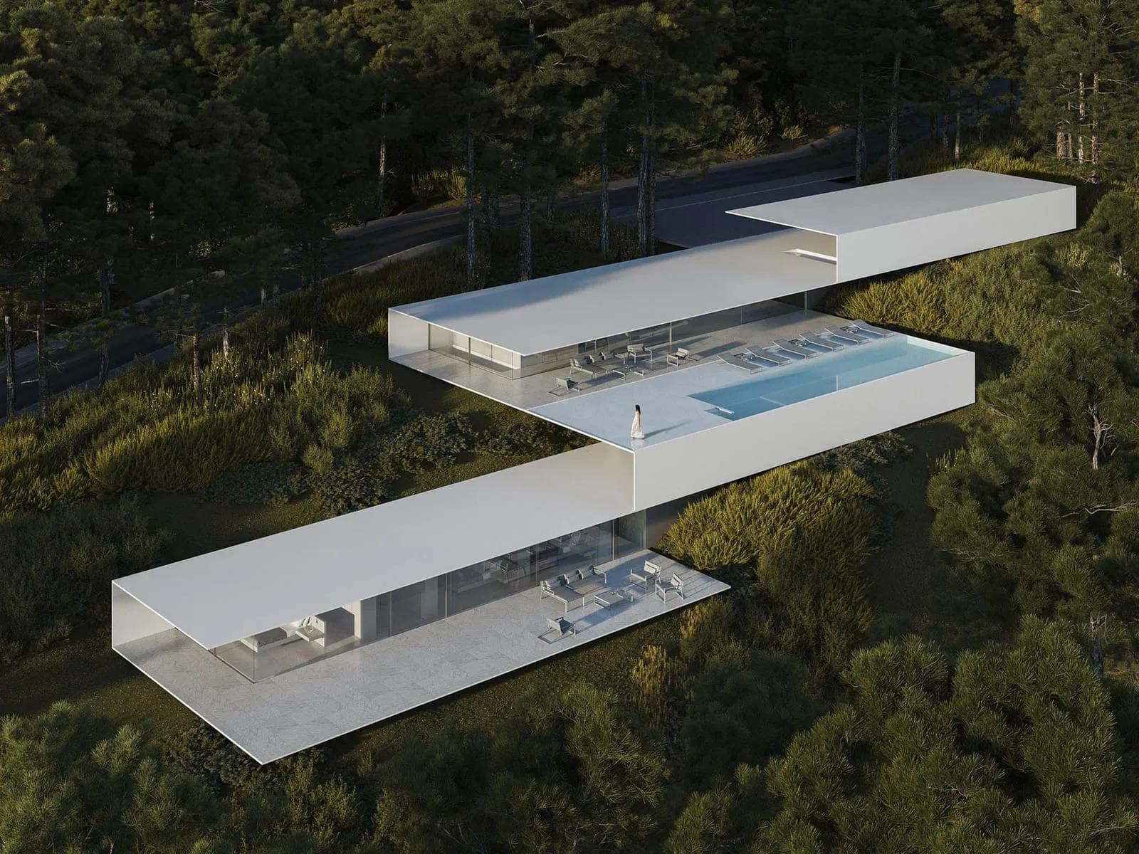 Casa Roca, Ibiza Casa de volumes brancos em balanço sobre uma encosta arborizada, com piscina no terraço