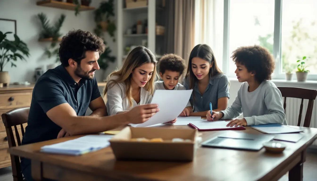 Família sentada à mesa conferindo documentos de um inventário