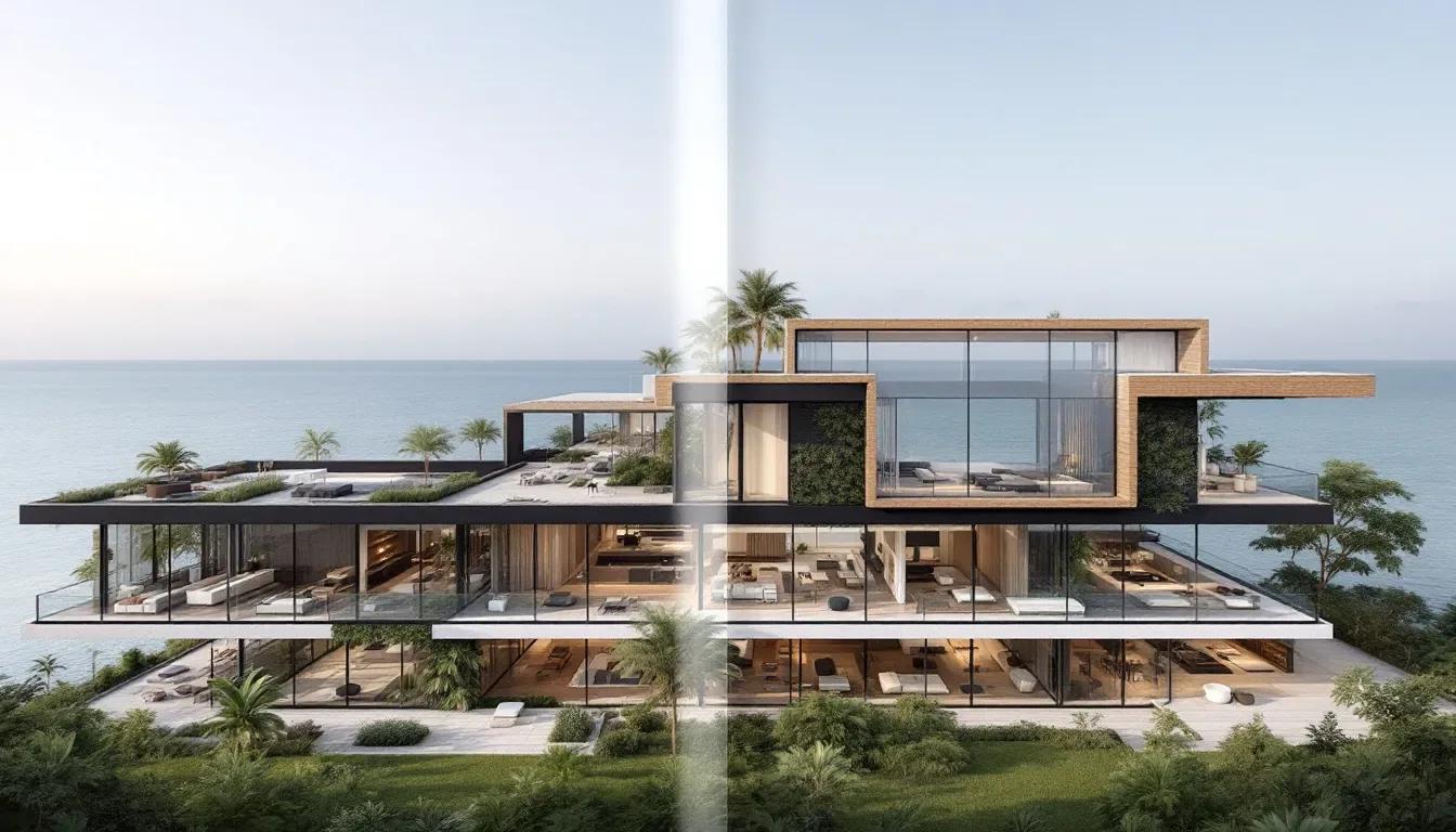 Ilustração digital de edifício residencial moderno com terraços envidraçados e vegetação, à beira-mar