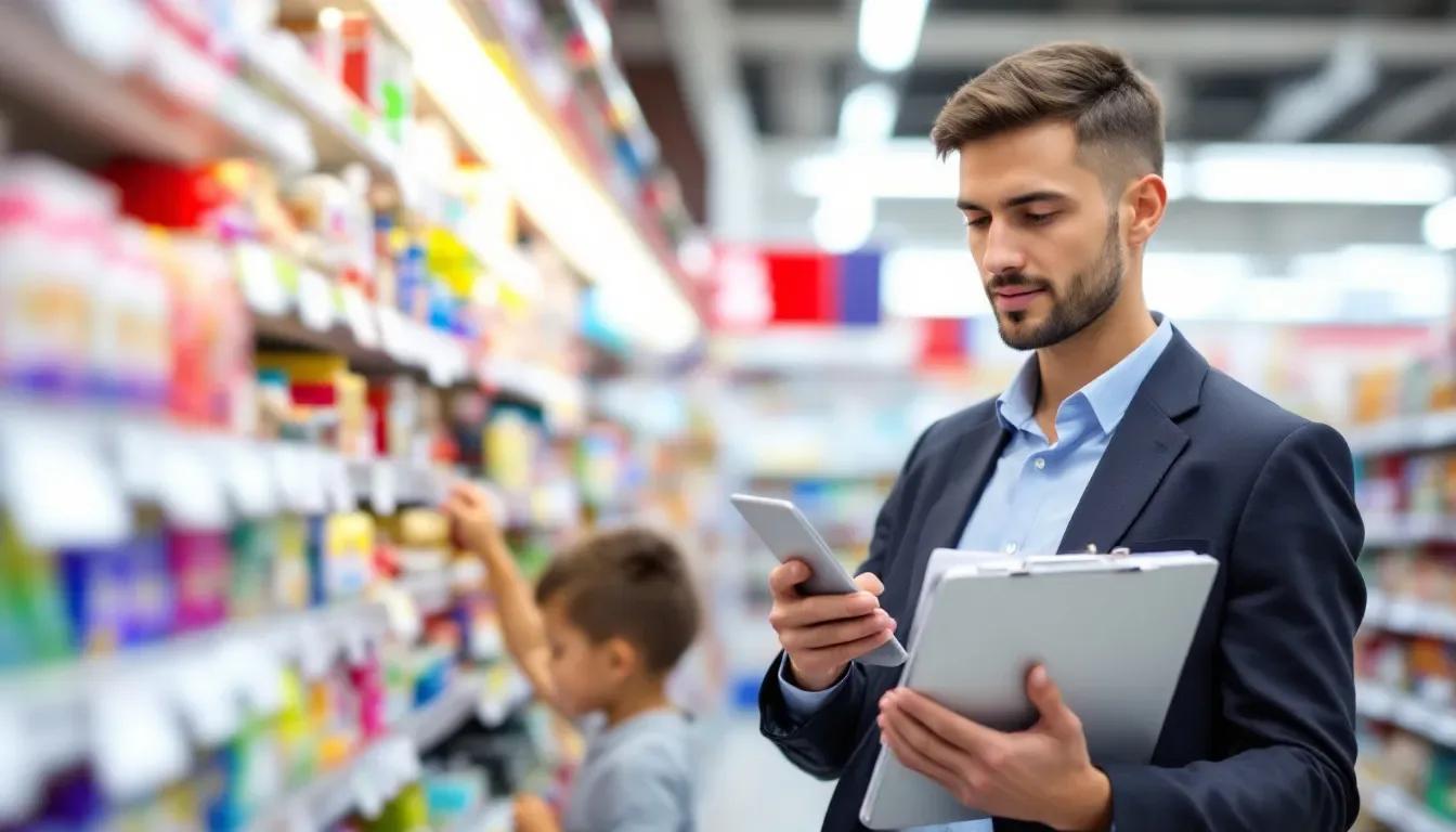 Homem de terno consulta um tablet e uma prancheta no corredor de um supermercado