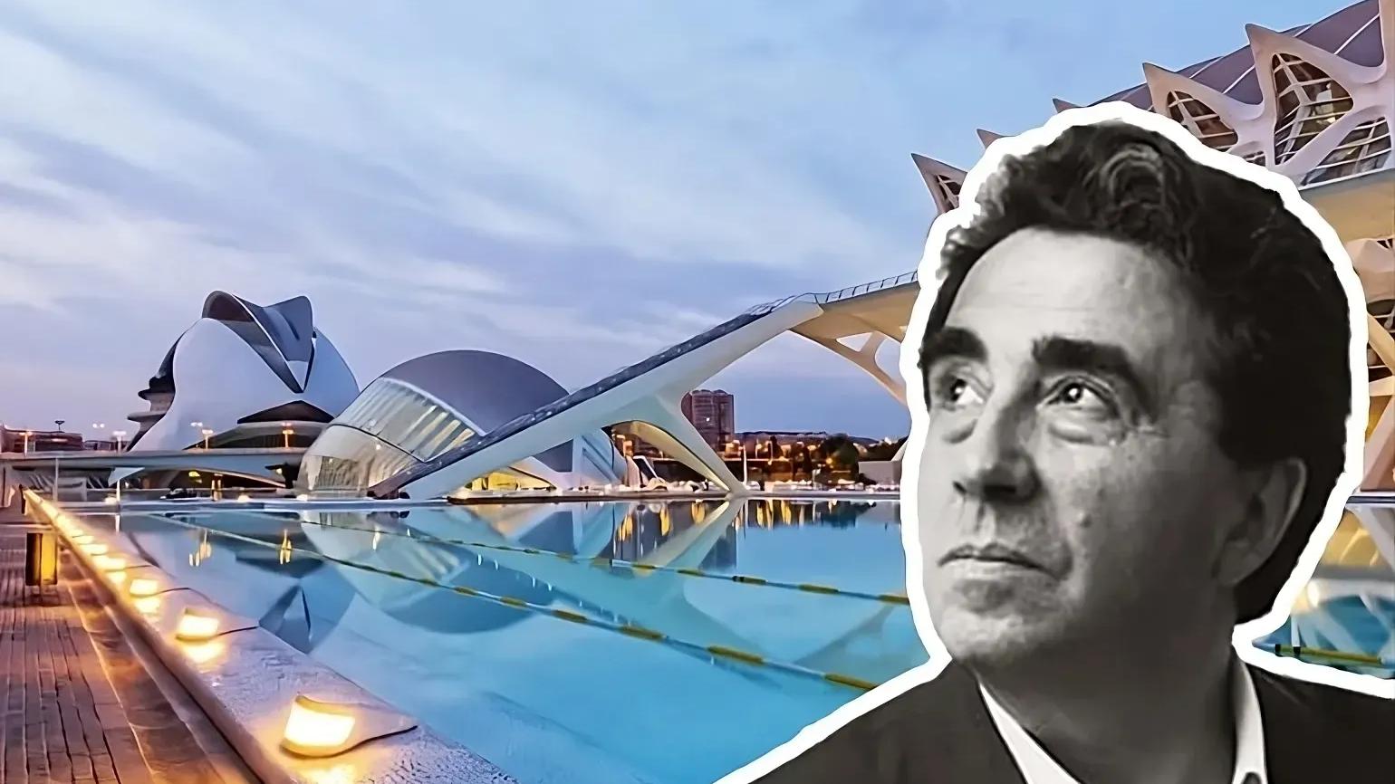 Colagem com retrato em preto e branco de Santiago Calatrava sobre foto colorida da Cidade das Artes e das Ciências, em Valência