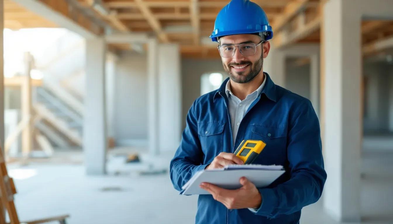 Medição em vistoria técnica Técnico de capacete azul e óculos de proteção com prancheta e medidor a laser em obra