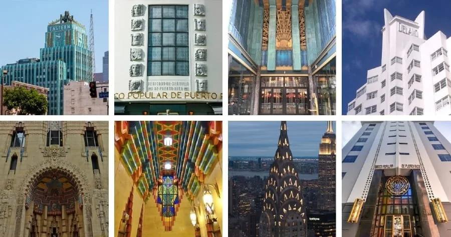 Mosaico de oito fotos de edifícios e interiores Art Déco, com fachadas escalonadas, saguões dourados e torres