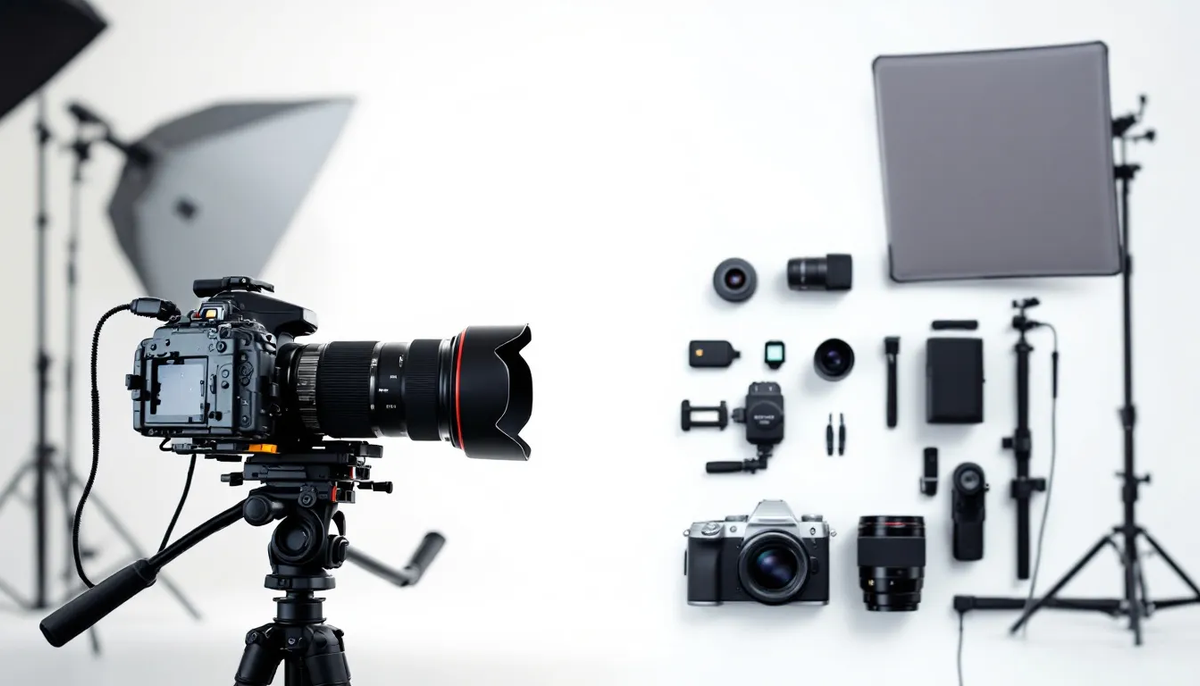 Uma comparação lado a lado de equipamentos fotográficos de diferentes faixas de preço, destacando a variedade de opções disponíveis para profissionais de fotografia imobiliária. A imagem ilustra como a escolha do equipamento pode impactar a qualidade das fotos e vídeos utilizados em anúncios de imóveis.