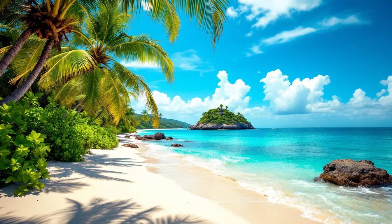 Ilustração de praia tropical com coqueiros, areia clara, água azul-turquesa e uma pequena ilha rochosa ao fundo