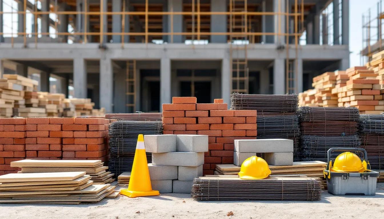 Materiais de construção organizados em pilhas num canteiro de obras
