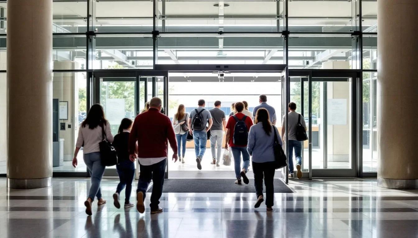 Pessoas entrando no prédio de uma prefeitura com documentos nas mãos