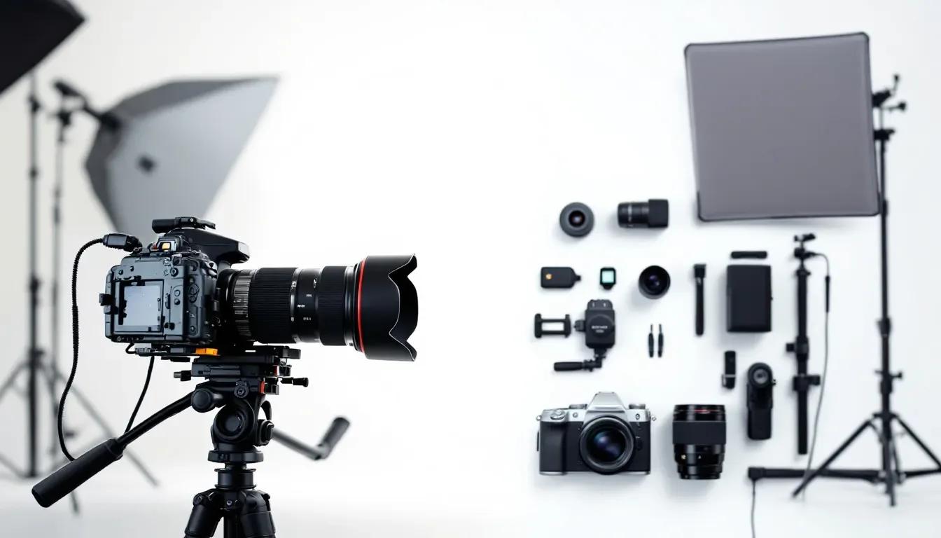 Comparação lado a lado de equipamentos fotográficos de diferentes níveis, de celular com tripé a câmera com lente grande-angular