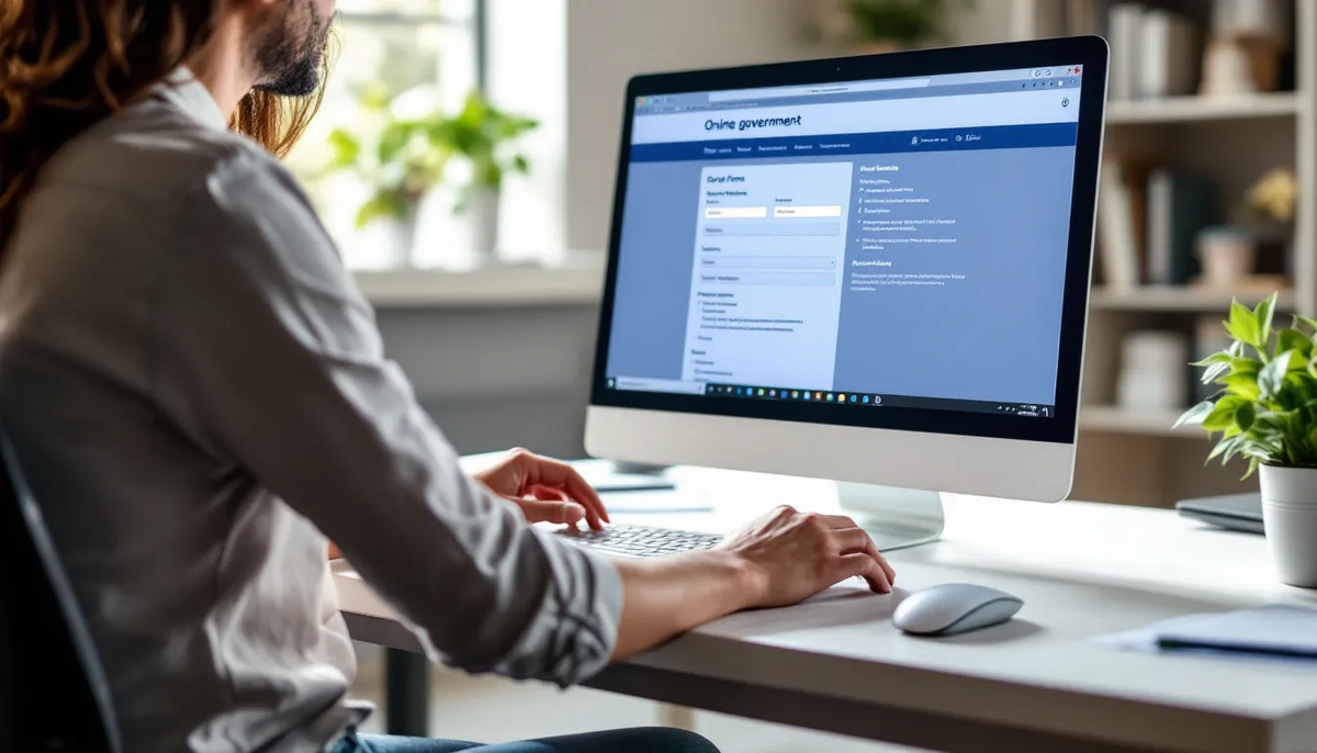 Uma pessoa está usando um computador para acessar um sistema governamental online, possivelmente para realizar procedimentos relacionados à herança, como a transmissão causa mortis. A tela do computador exibe informações sobre bens, impostos e doações, enquanto o usuário navega de forma acessível em libras usando o vlibras widget.
