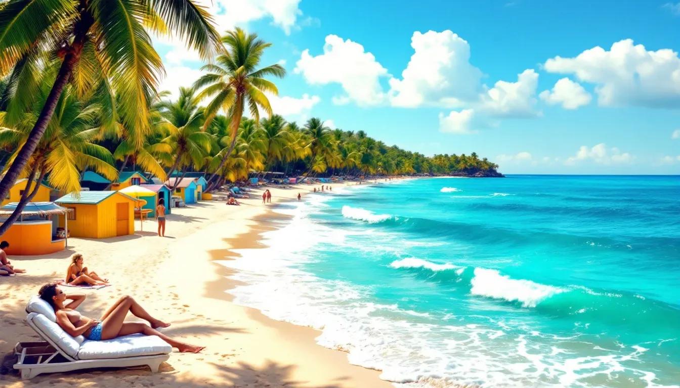 Ilustração de praia com hospedagem Ilustração de praia tropical movimentada, com cadeiras de sol, banhistas, quiosques coloridos e coqueiros
