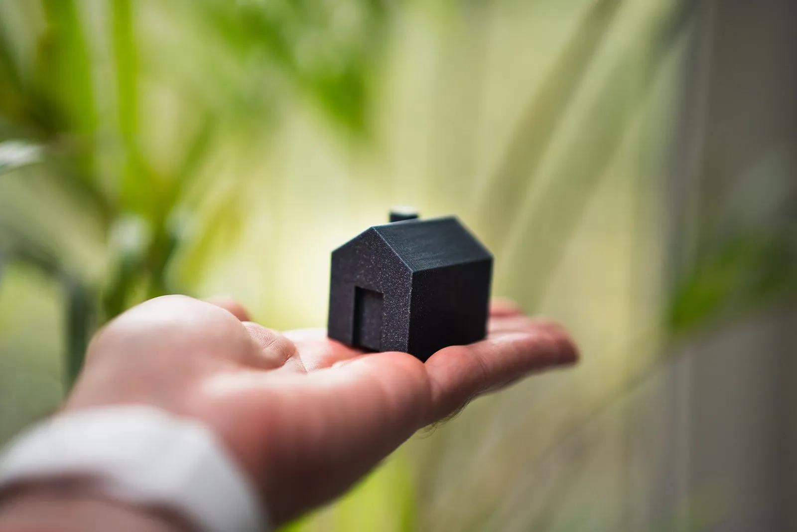 Mão aberta segurando uma pequena casa preta, com folhagens desfocadas ao fundo