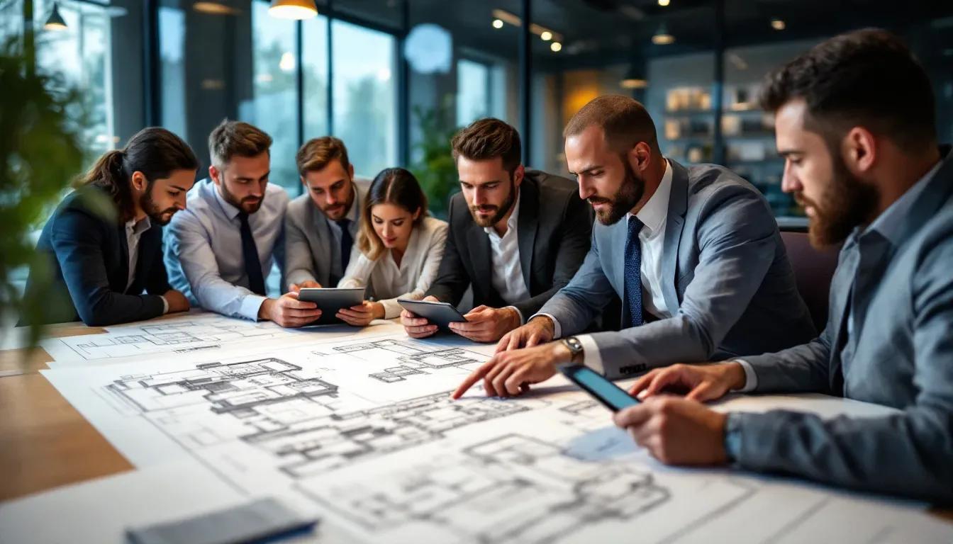 Equipe de engenheiros reunida em escritório revisando plantas arquitetônicas impressas sobre a mesa