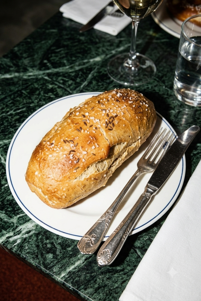 A proper Swabian Briegel — crusty, dusted with sea salt and caraway.