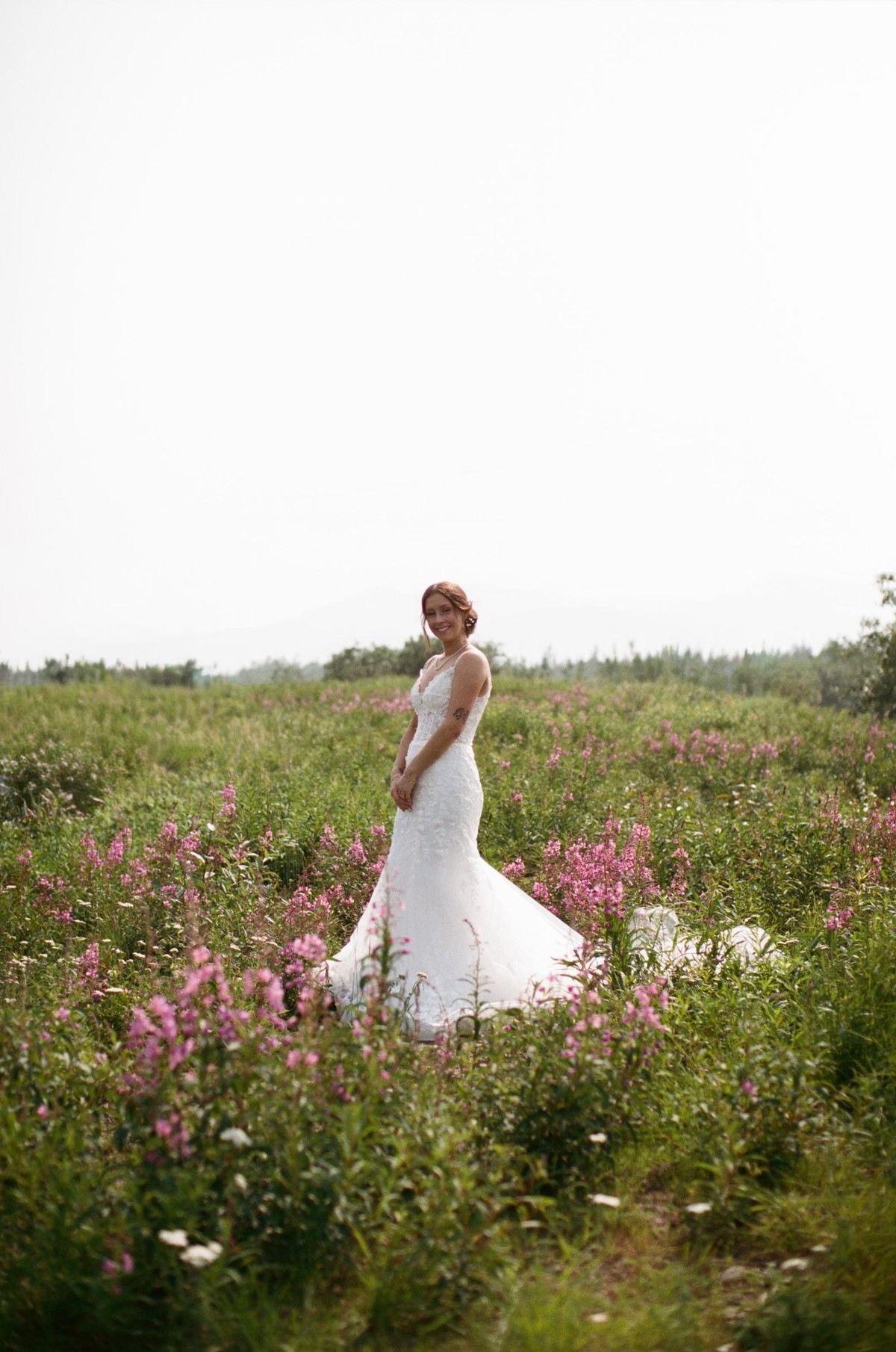 Bride alone in a field of fireweed photographed on film